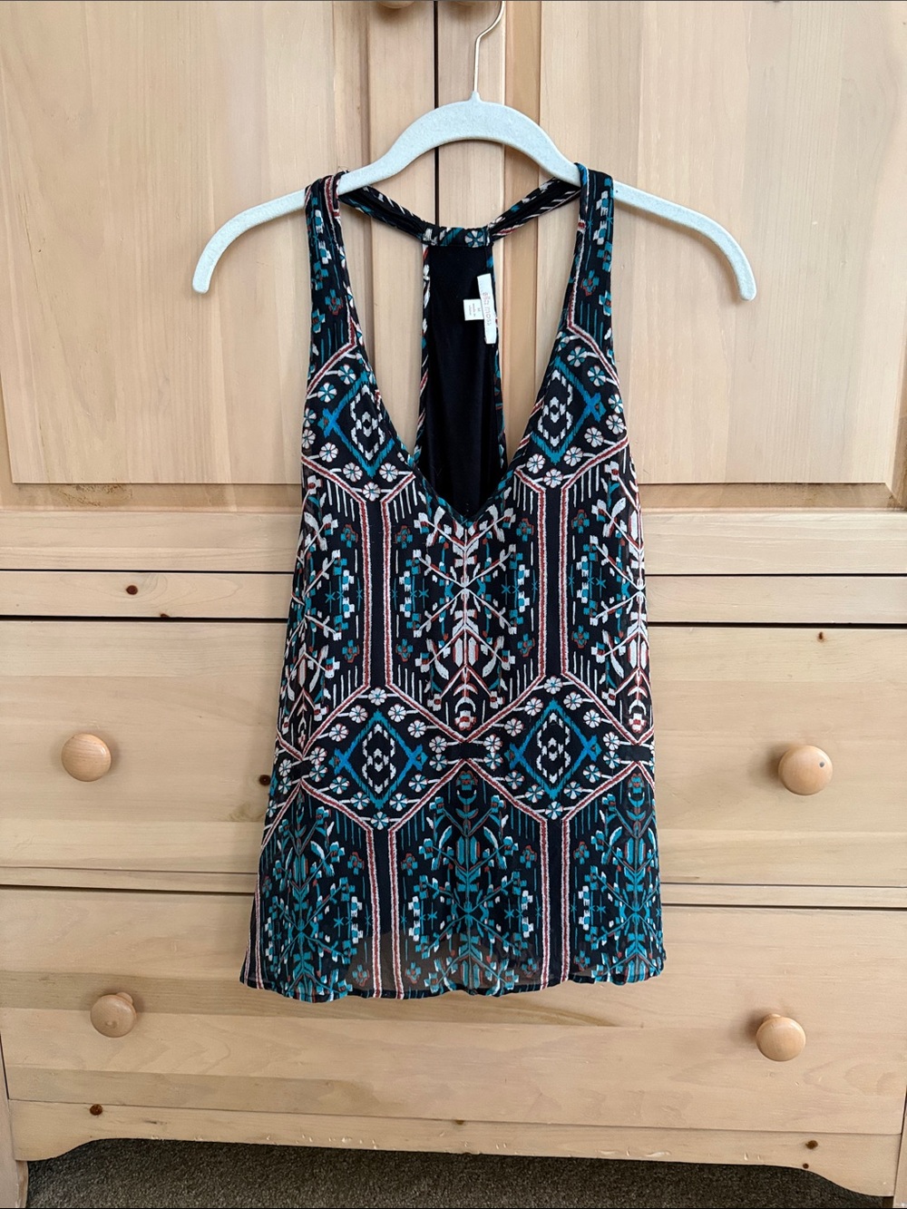 Ella Moss M Black Geometric Racerback Tank with Teal and Blush Accents
